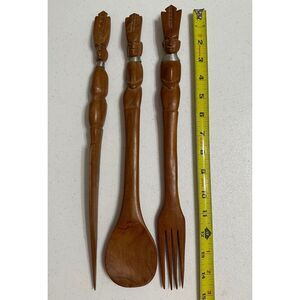 Vintage Kenya Handmade Carved Wood Fork Spoon Knife Set‎ Kitchen Bar Decor @15"